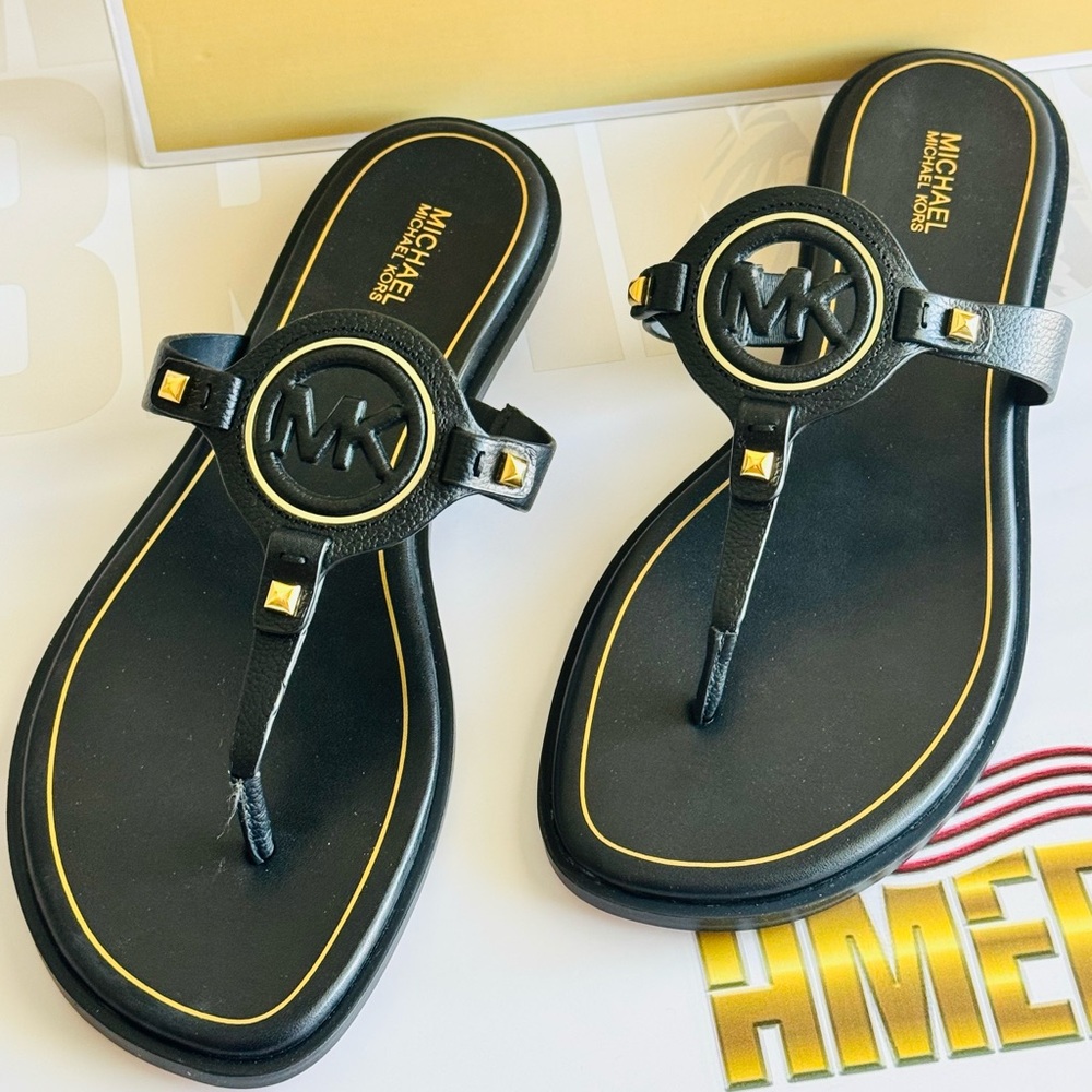 Michael Kors Aubrey Cut Out Thong Sandal Black Leather/Gold Accents/With Box